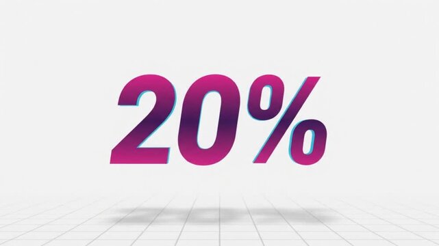 Three dimensional twenty percent sign with a vibrant purple gradient against a white grid background.
