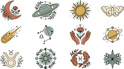 Obraz premium Mystical Esoteric Boho Astrology Vector Element Set Featuring Zodiac Signs Sun Moon Planets Comet and Hands for Spiritual Brand Designs