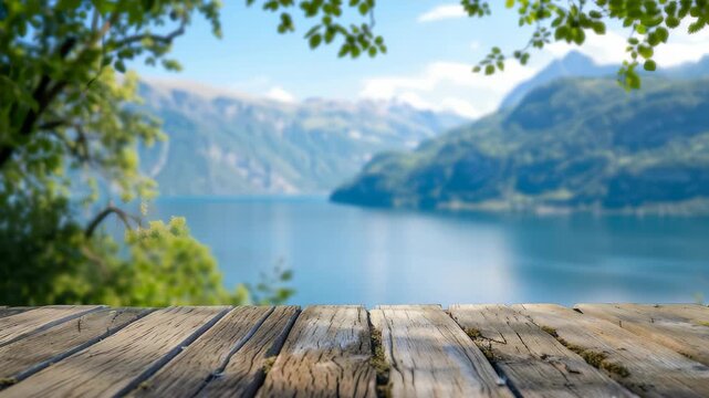 A rustic wooden deck provides a foreground view of a tranquil lake, surrounded by verdant mountains. The sky is blue, creating a peaceful and scenic landscape.