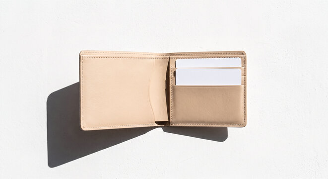 Open light beige leather wallet containing two blank white plastic credit cards resting upon solid bright background casting strong dark shadow