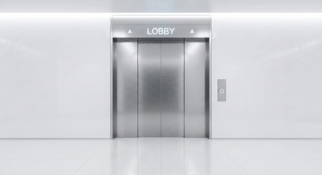 Closed modern brushed stainless steel elevator doors featuring glowing lobby sign inside bright empty clean white commercial office building waiting area