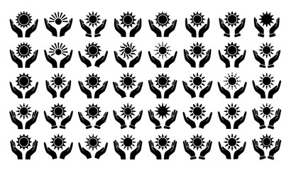 Obraz premium Hands Holding Sun Hope and Positive Energy Black Silhouette Vector Icon Set