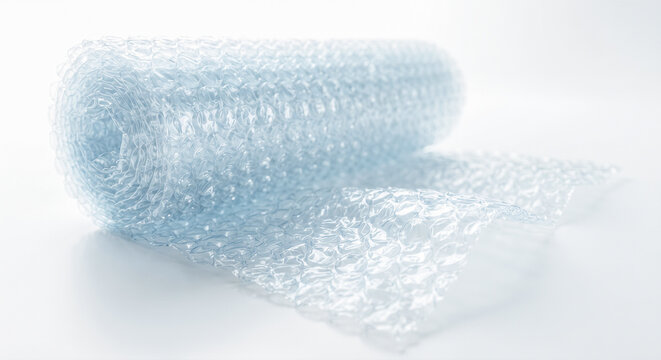 Rolled clear plastic bubble wrap packaging material resting diagonally against pure solid blank white studio background environment ready for protecting fragile items