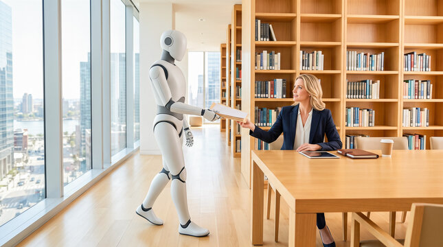 Humanoid robot walking across wooden floor carrying document folder delivering paperwork to seated businesswoman inside executive office library room with bookshelves