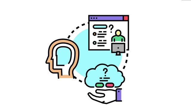 Human head icon, a web browser interface with a user icon and checklist, and a hand holding a thought cloud with choices represent the cognitive process of evaluating data to make informed decisions