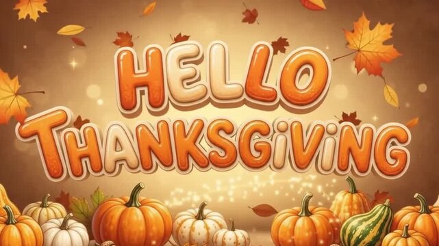 A festive hello thanksgiving video background featuring vibrant autumn leaves pumpkins acorns and golden sparkles for seasonal holiday social media.