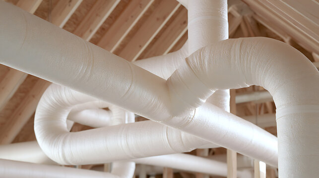 HVAC ductwork installation inside a residential home attic under construction with white insulated flexible pipes and exposed wooden roof beams