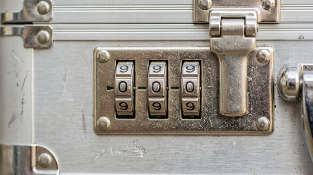 three digit mechanical combination lock dialed to triple zero numbers on metal aluminum safety briefcase suitcase surface closeup view mechanism