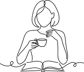 A continuous line art illustration of a woman reading a book while holding a cup of coffee. © Indra