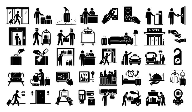 Hotel Guest Arrival Lobby Luggage and Hospitality Travel Black Vector Icon Set