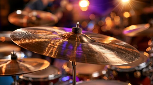 Close-up of a shiny cymbal on a drum set with blurred background lights creating a vibrant atmosphere in a music performance setting
