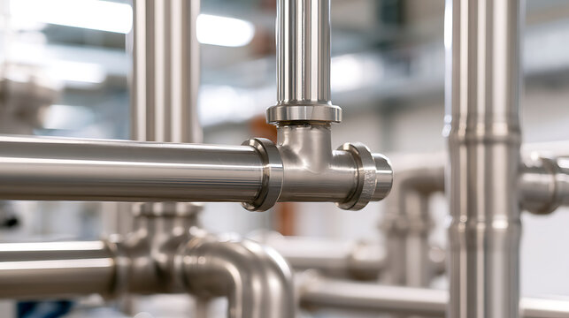 Industrial stainless steel piping system with T-joint fittings inside a modern manufacturing facility, clean metal machinery infrastructure