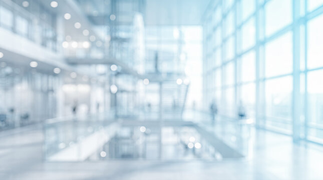 Blurred interior modern corporate office building bright glass window atrium empty business lobby soft blue abstract background unrecognizable walking people