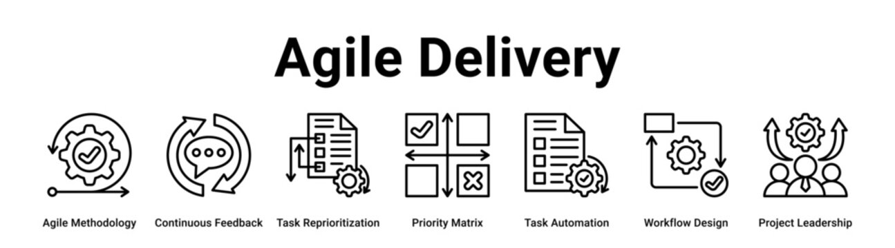 Agile Delivery web banner icon vector illustration concept for business with icon of Agile Methodology, Continuous Feedback, Task Reprioritization, Priority Matrix, Task Automation, Workflow Design.
