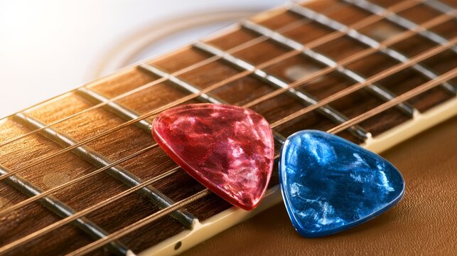 Close-up of red and blue guitar picks resting on the strings of an acoustic guitar, showcasing the wooden texture and craftsmanship of the instrument