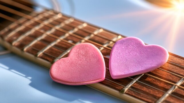 Two heart-shaped candies in pink and red colors placed on the strings of an acoustic guitar, with soft lighting creating a warm atmosphere