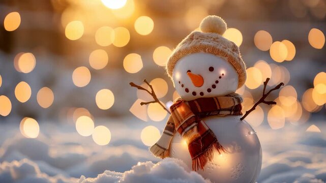 A delightful snowman, complete with carrot nose and twig arms, stands in a snow-covered scene illuminated by bokeh lights, creating a heartwarming winter ambiance.