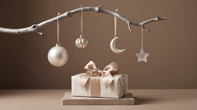 Christmas gift box with decorations on branch