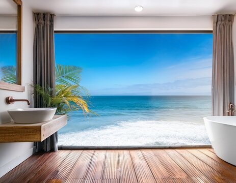 blurred coastal white bathroom with bathtub ocean view shower wood plank floor interior design background with copy space