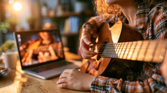 Young woman playing acoustic guitar while using a laptop for online music lesson at a wooden table with warm lighting and indoor plants in the background