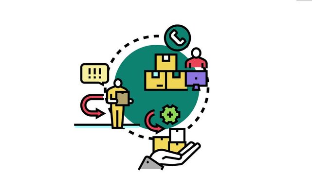 Logistics professional managing the returns process, handling customer service, processing packages, and maintaining inventory flow for returned products in a cyclical operation