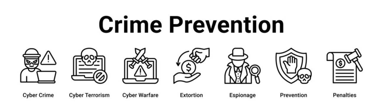 Crime Prevention web banner icon vector illustration concept for technology with icon of Cyber Crime, Cyber Terrorism, Cyber Warfare, Extortion, Espionage.