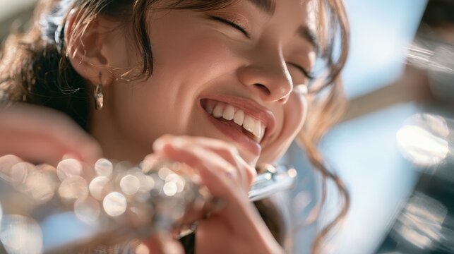 Young woman with long dark hair plays silver flute outdoors, sunlight reflecting off the instrument, showcasing a joyful expression and blurred background elements