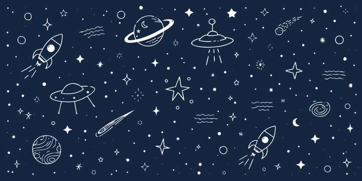 Whimsical space doodles featuring planets rockets and stars on a dark blue background