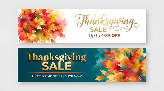 Thanksgiving sale banners with colorful autumn leaves and elegant script typography