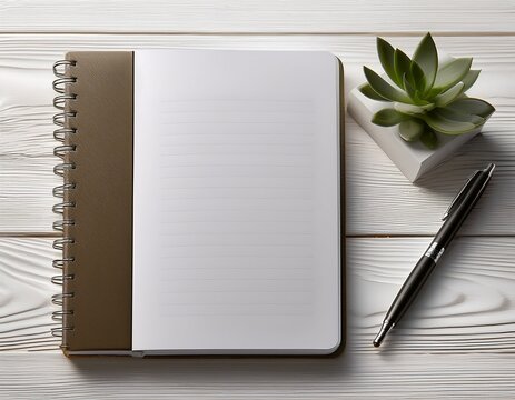 elevated composition showcasing a bound journal simple notepad and pen on a white wooden surface evoking a sense of thoughtful reflection