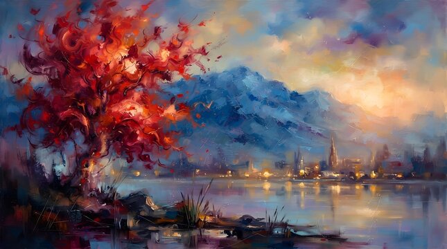 Abstract colorful painting of a city landscape with a vibrant tree in foreground