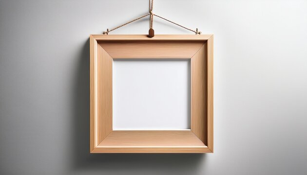 empty square light brown wooden frame hanging on a wall by string ready to showcase your favorite art or photos