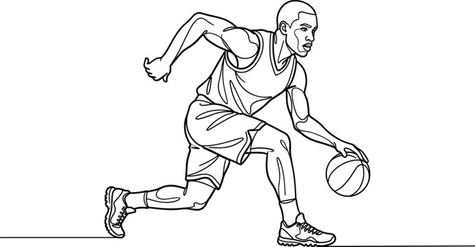 Line drawing of a basketball player dribbling the ball while running.