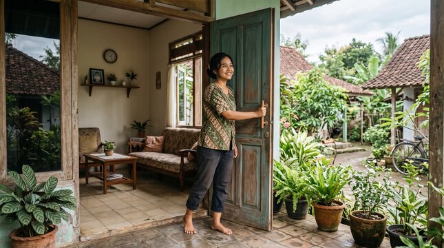 Authentic Indonesian daily life showing people of all ages opening doors, welcoming guests, leaving home, returning from work, and sharing family moments in simple homes.