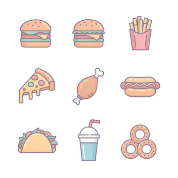Fast Food Line Icons Set &ndash; Burger Pizza Fries and Street Food Vector Collection