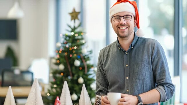 A man in a festive santa hat smiles holding a mug in his office. Behind him is a lit Christmas tree and decorative small trees on a desk. The setting suggests a holiday celebration.