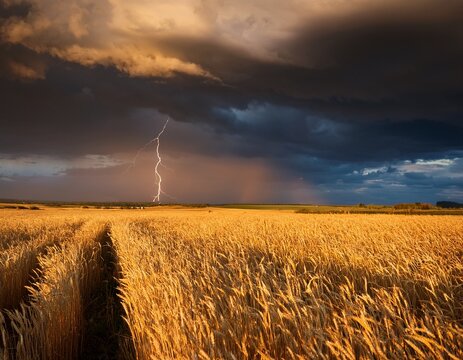 golden field stretches wide under stormy skies single bolt flashes illuminating the horizon dark clouds loom heavy with impending rain wind whispers through tall swaying stalks