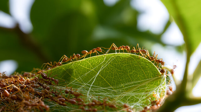 Weaver ant colony, Oecophylla smaragdina, constructing a nest on a green leaf outdoors with bright natural light, macro shot wildlife