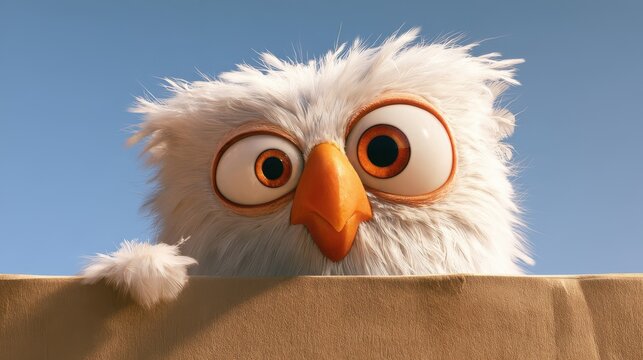 Cute cartoon owl character with big eyes peeking over a barrier against a clear blue sky, showcasing whimsy and charm in animation style