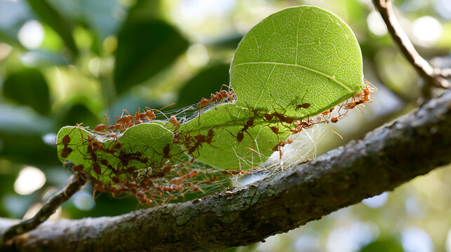 Weaver ant colony Oecophylla smaragdina construct nest with green leaves and silk thread together cooperate hard work team construct build