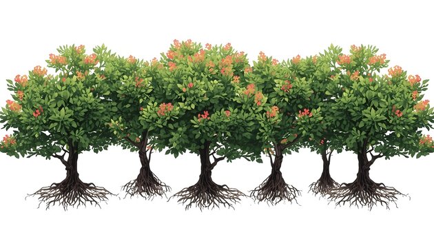 Clusia Rosea tree line, Forest Edge, Backdrop cutout, isolate transparent background, Mangrove Trees with Visible Roots .vector