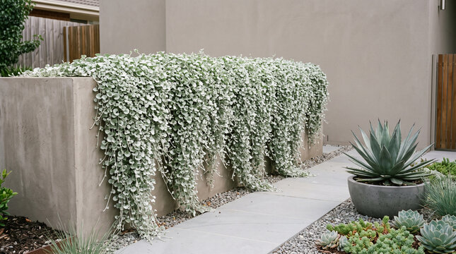 Cascading silver foliage spills over a modern concrete planter in this beautiful contemporary garden setting