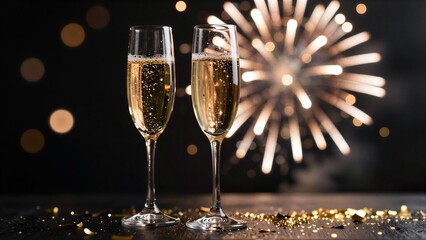 Obraz premium Two champagne flutes with sparkling golden champagne and fireworks in the background