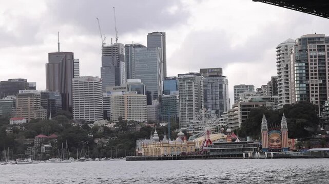 View of the Sydney skyline and Luna Park with skyscrapers, a Ferris wheel, and the waterfront in Sydney, New South Wales, Australia.