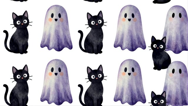 A pattern of cute black and purple ghost cat illustrations