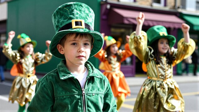Young boy dressed in a green hat and costume for Halloween