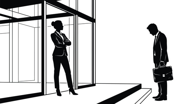 Professional businesswoman standing with arms crossed watching a defeated businessman holding briefcase in vector graphic illustration