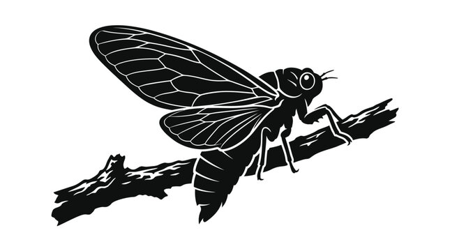 Detailed black vector illustration of a cicada insect resting quietly on a rough tree branch