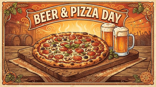 Vintage style poster for beer and pizza day featuring a steaming pepperoni pizza on a wooden board with two glasses of beer in a rustic pub setting