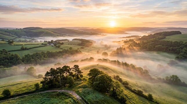Morning mist flowing over rolling green hills in soft golden sunrise light, serene magical landscape with volumetric cinematic atmosphere